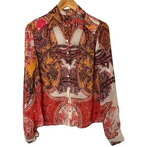 M Officer Sheer Paisley Boho Blouse Small 70s Style Y2K Button Up